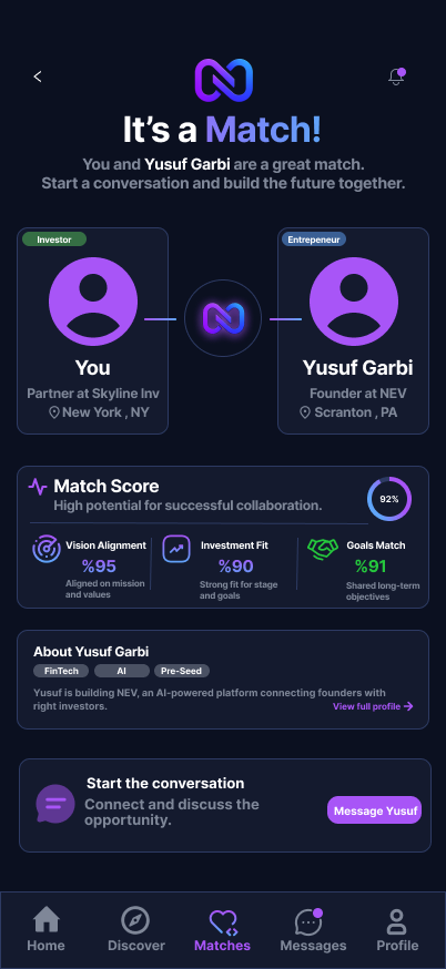 NEV Investor match design showing investment fit and the option to start a conversation